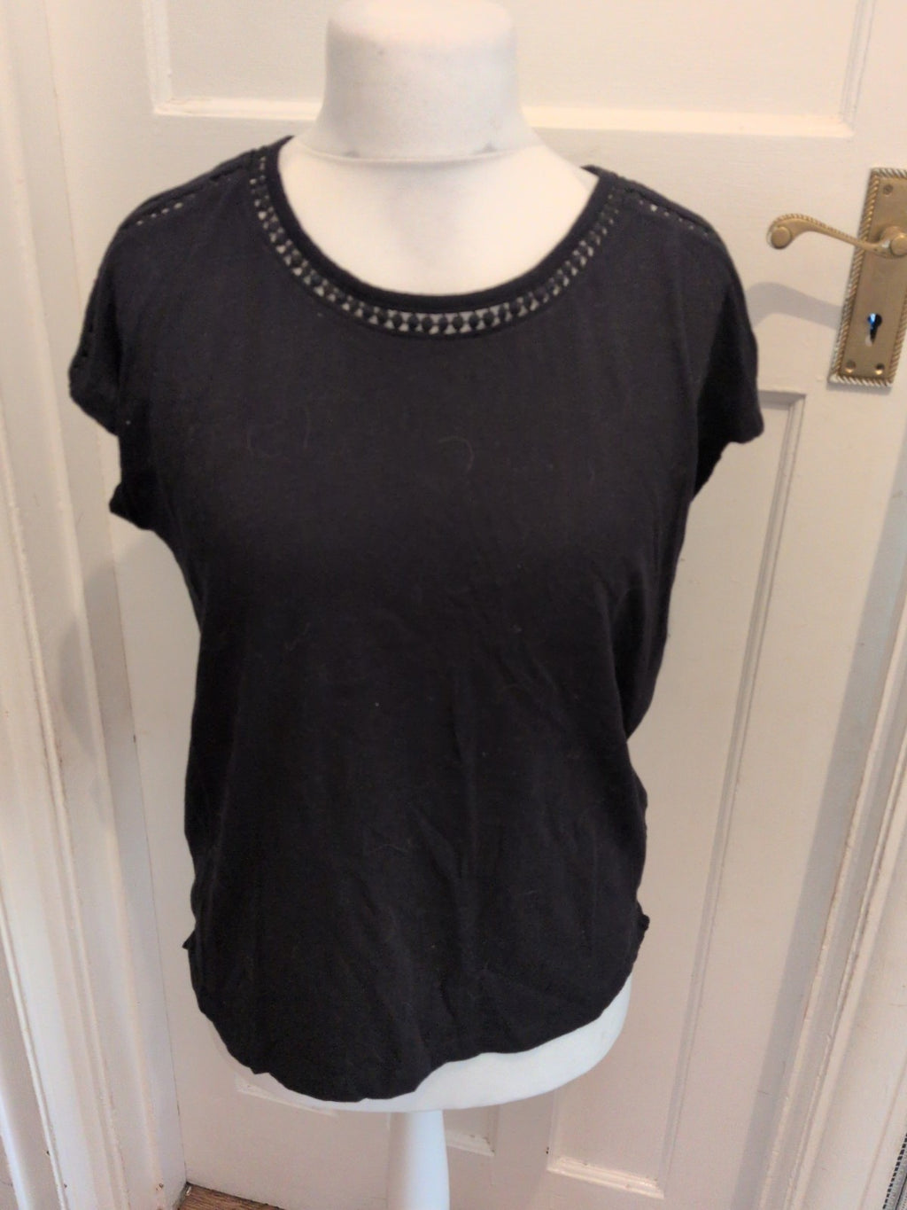 Primark M 12/14 Black Short Sleeve Pattern Trim T-shirt