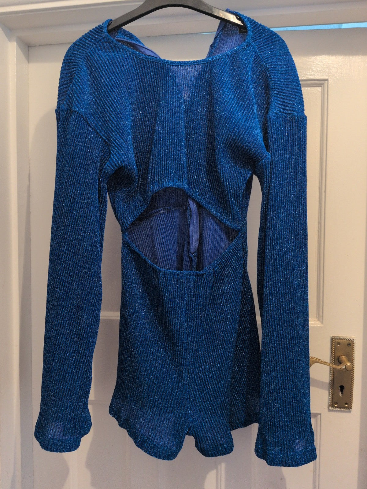 Ladies Prettylittlething 6 Shiny Blue Long Sleeve Ribbed Playsuit