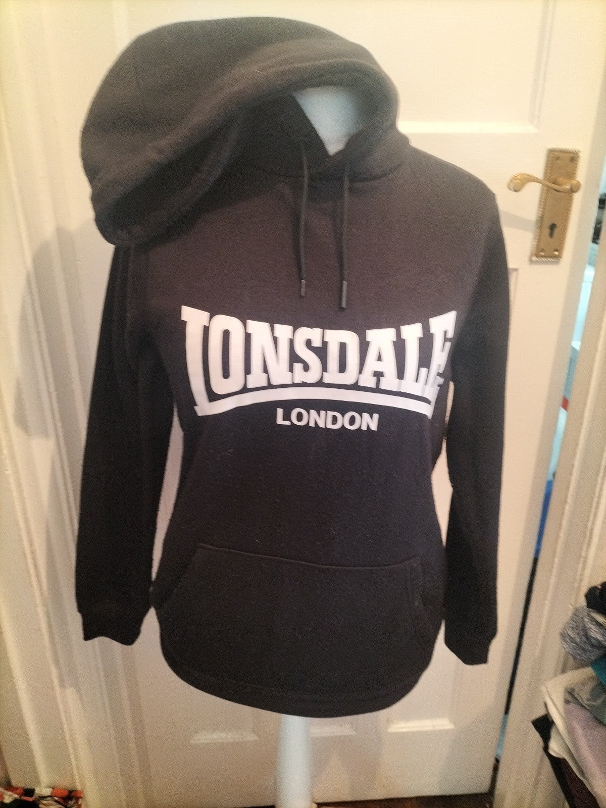 Lonsdale Small Black Print Pullover Hoodie Bobbling
