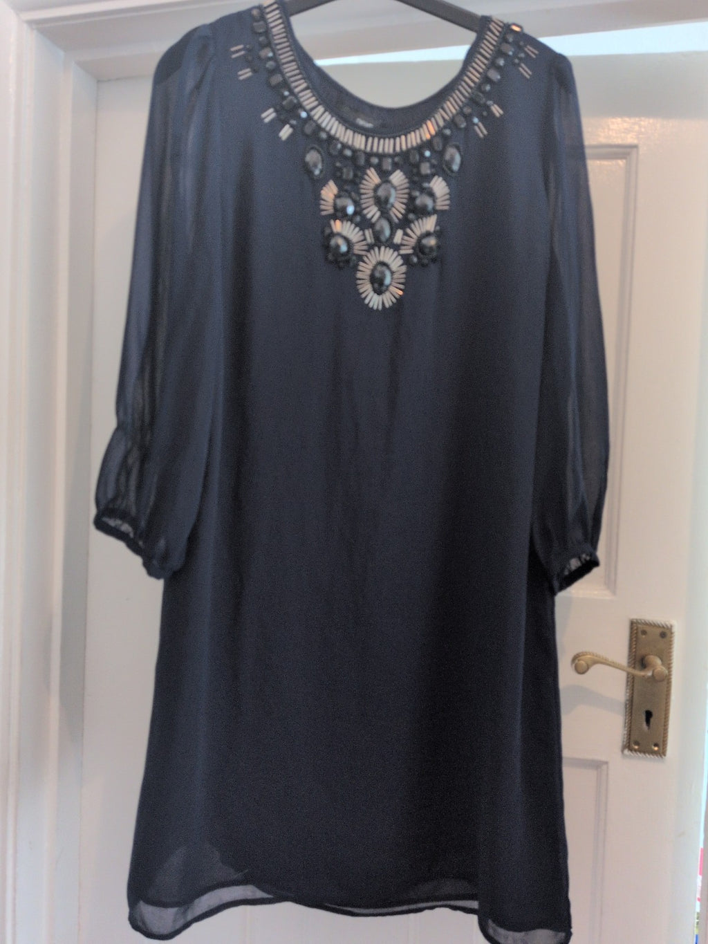 Next 12 Navy Long Sleeve Diamonte Neck Round Neck Lined Dress