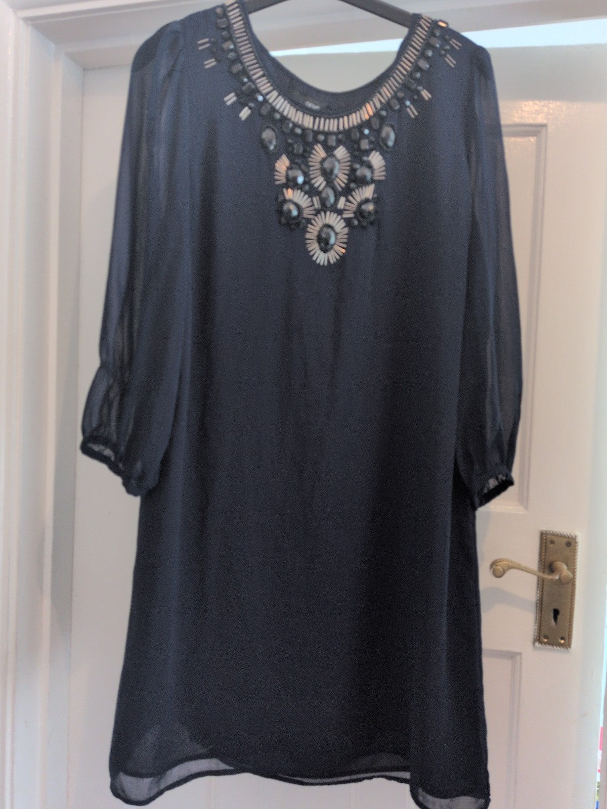 Next 12 Navy Long Sleeve Diamonte Neck Round Neck Lined Dress