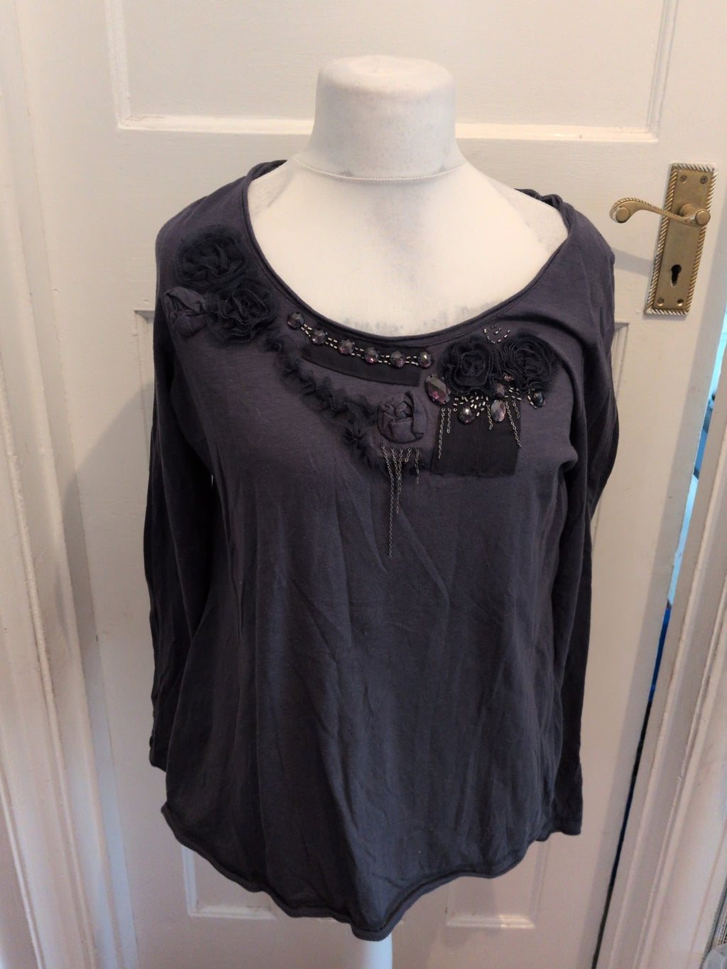 Marks And Spencer 20 Navy Floral Neck Long Sleeve Blouse