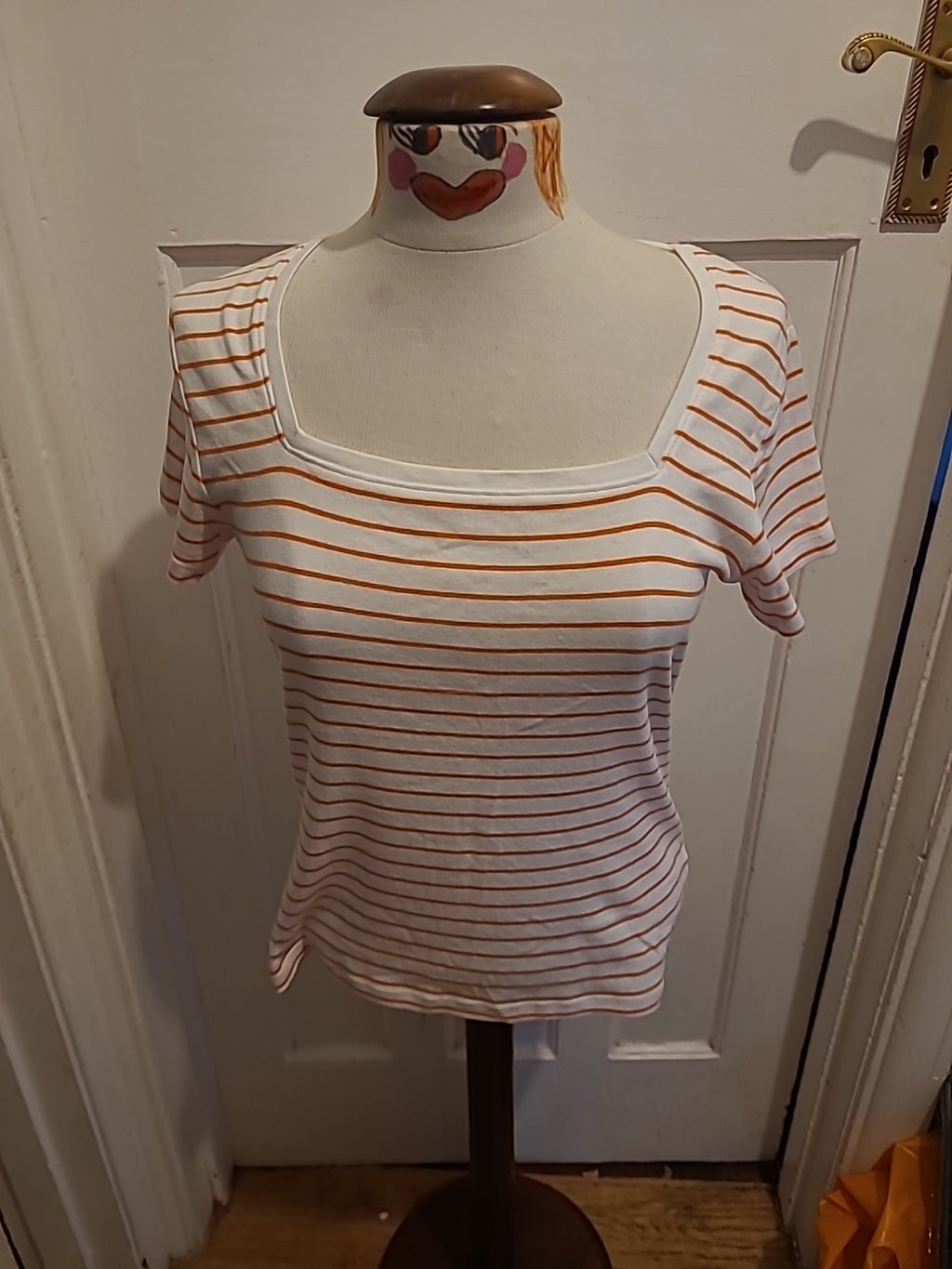 Ladies M+Co Size 14 Orange White Striped Short Sleeved Tshirt
