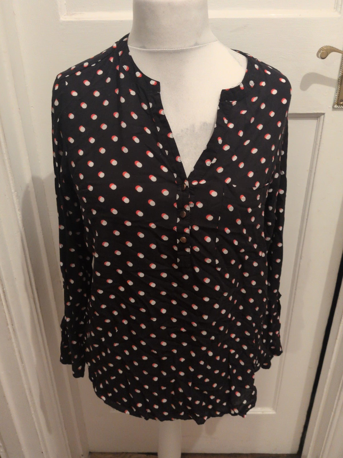 Ladies Primark Size 16 Black With White And Orange Spots Long Sleeve Blouse