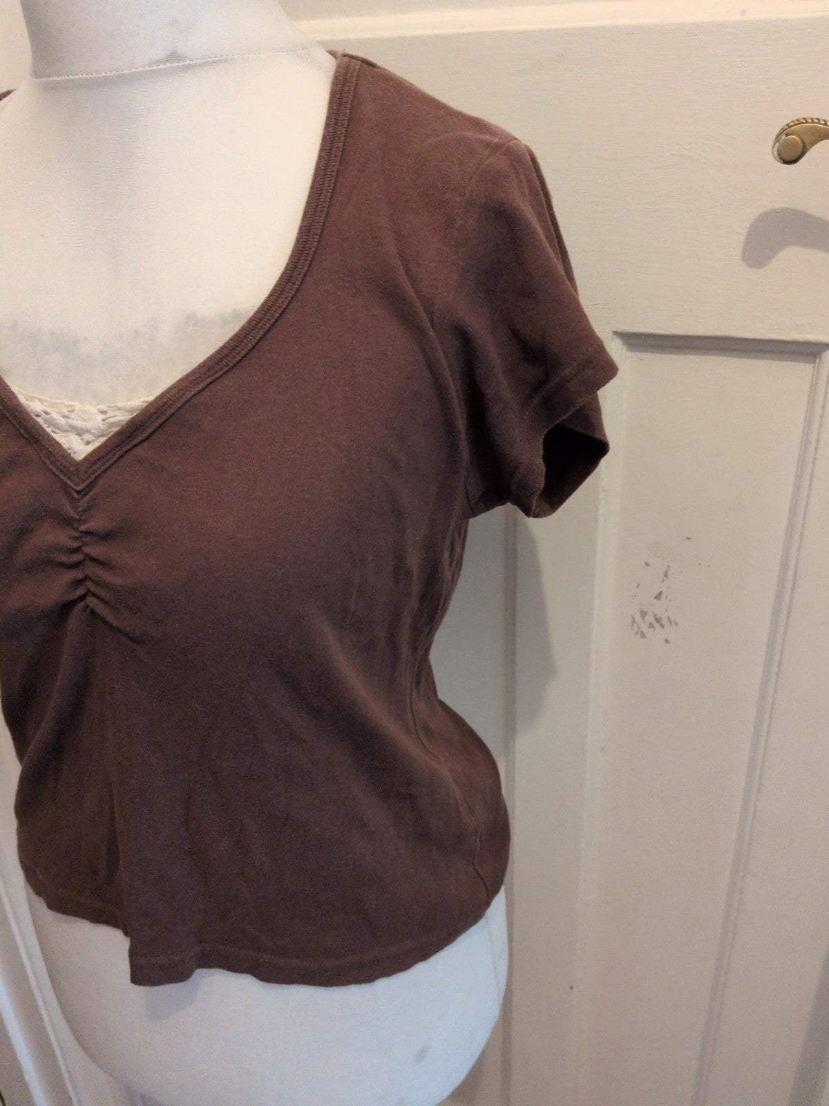 Text Large Brown V Neck Short Sleeve T-shirt