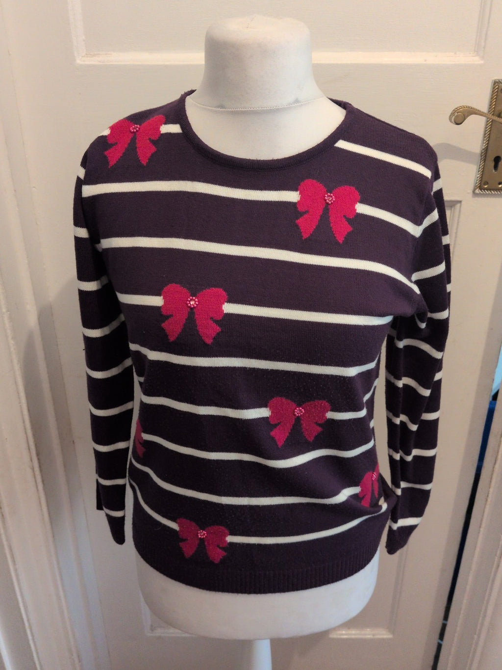 Ladies Mud Flower Size S/M Purple Stripe Bow Pullover Jumper