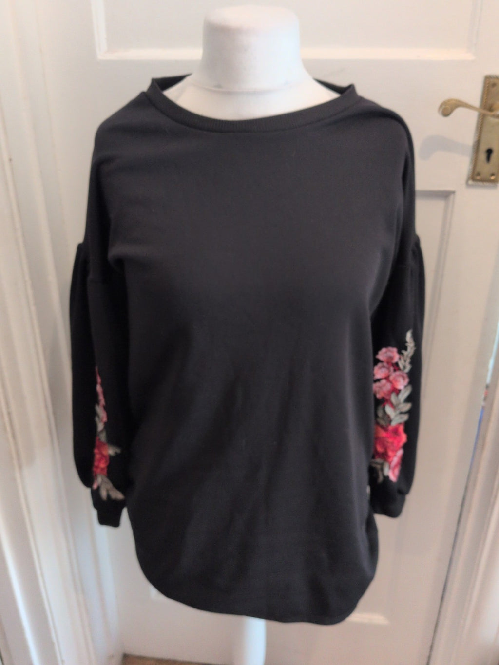 Ladies Large Black Sweatshirt With Floral Sleeves