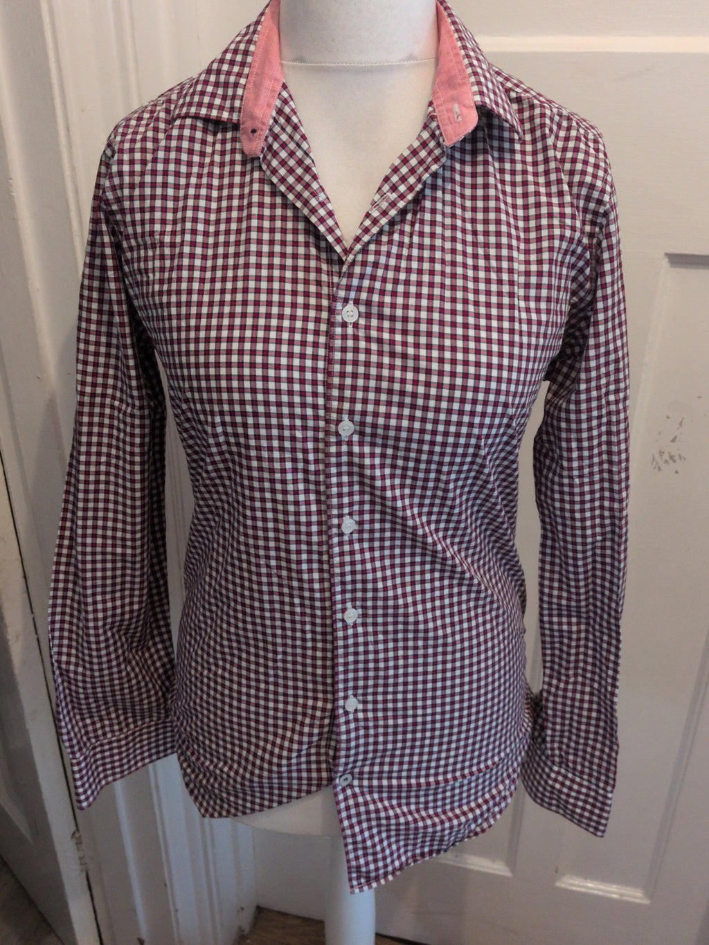 Mango Small Slim Fit Red Check Long Sleeve Shirt