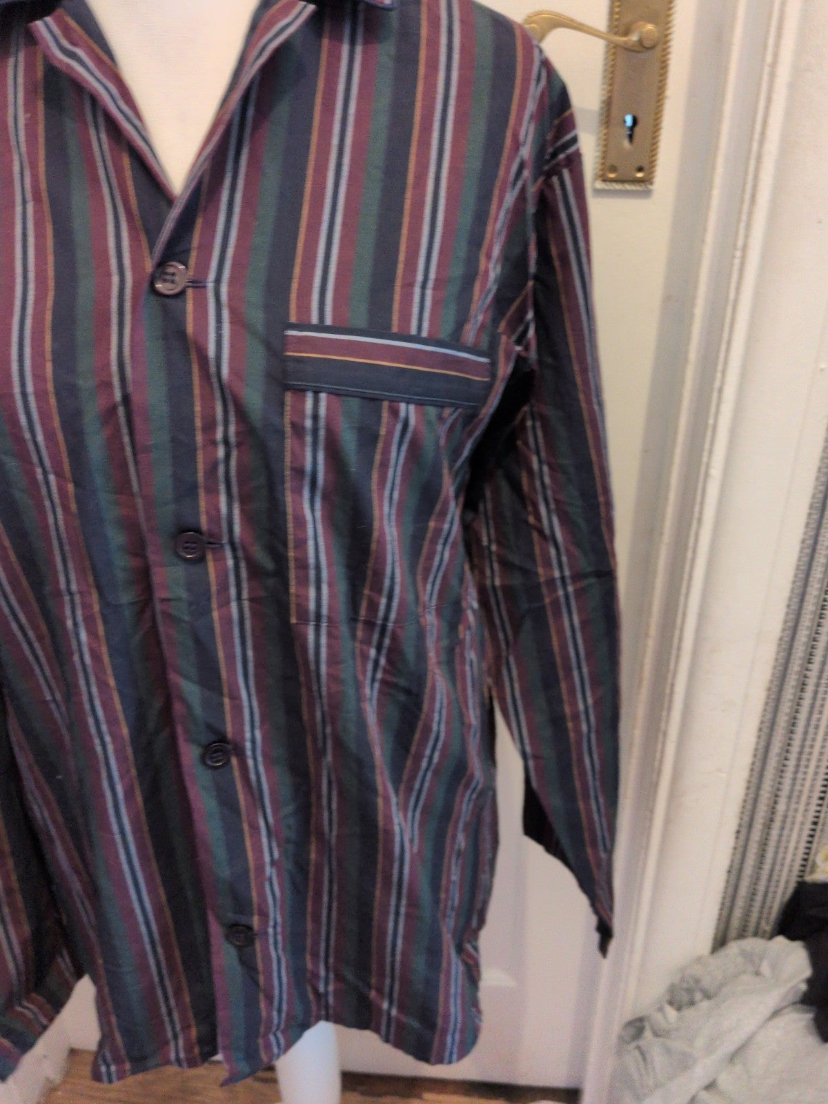Marks And Spencer St Michael Medium Green/Purple/Navy Stripe Long Sleeve Shirt