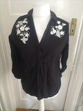 Ladies George Size 10 Black With Floral White Embroidery Collared Blouse
