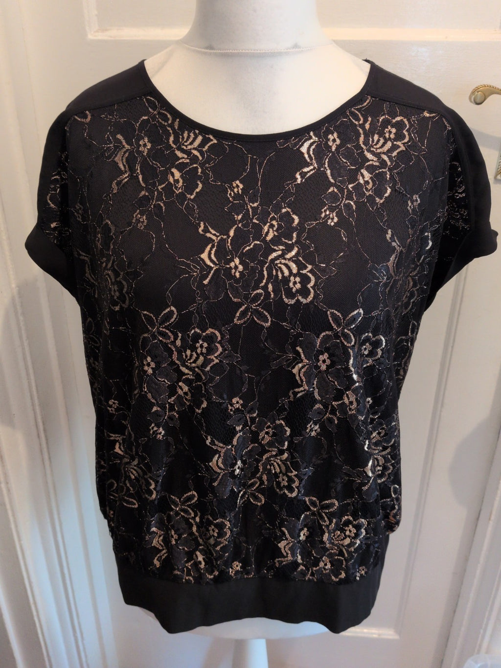 Oasis XL Black And Shiny Brown Lace Short Sleeve Blouse