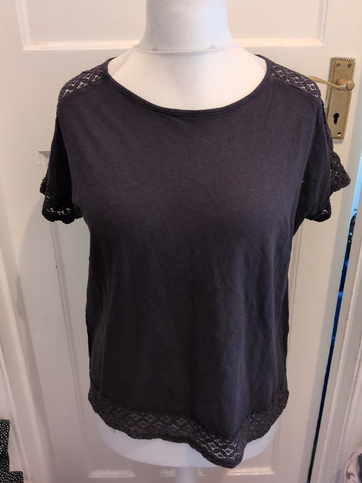 M&S Collection Large Black(Fading) Lace Trim Short Sleeve Blouse