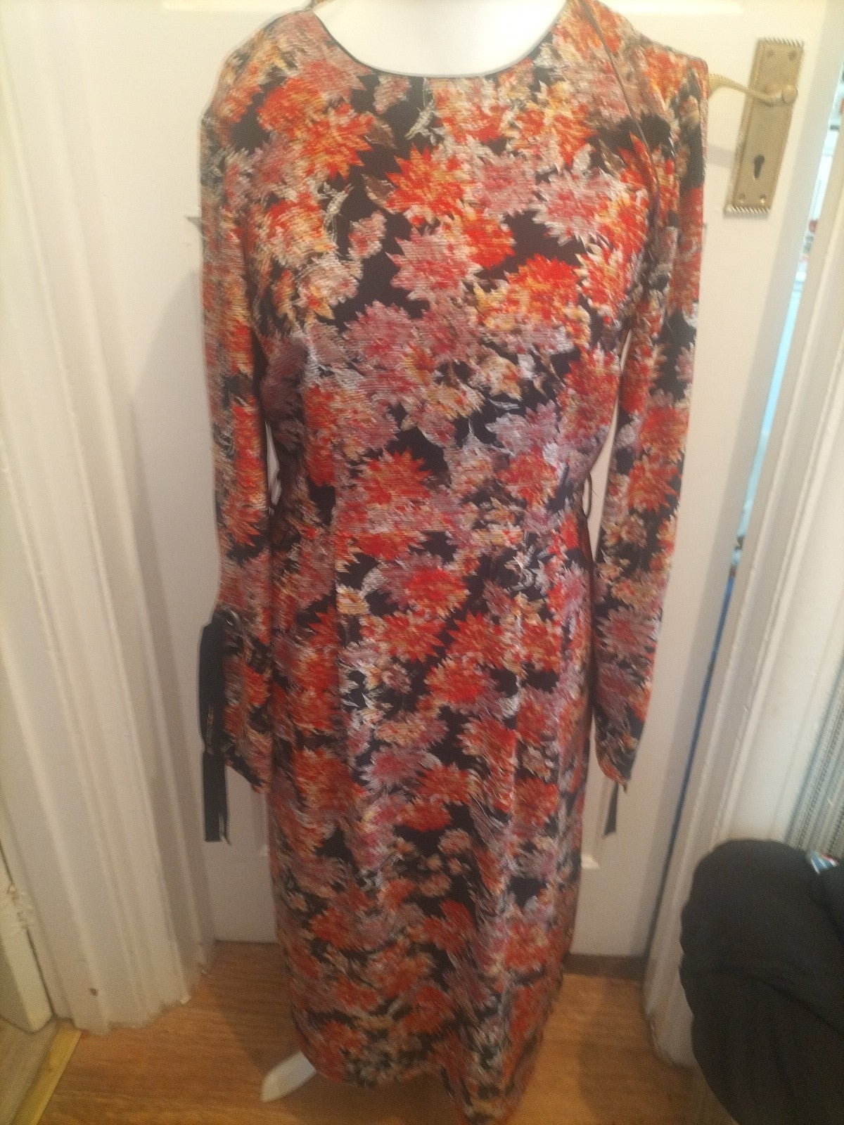 Ladies Primark Size 12 Black/Orange/Red Floral Long Sleeved Dress