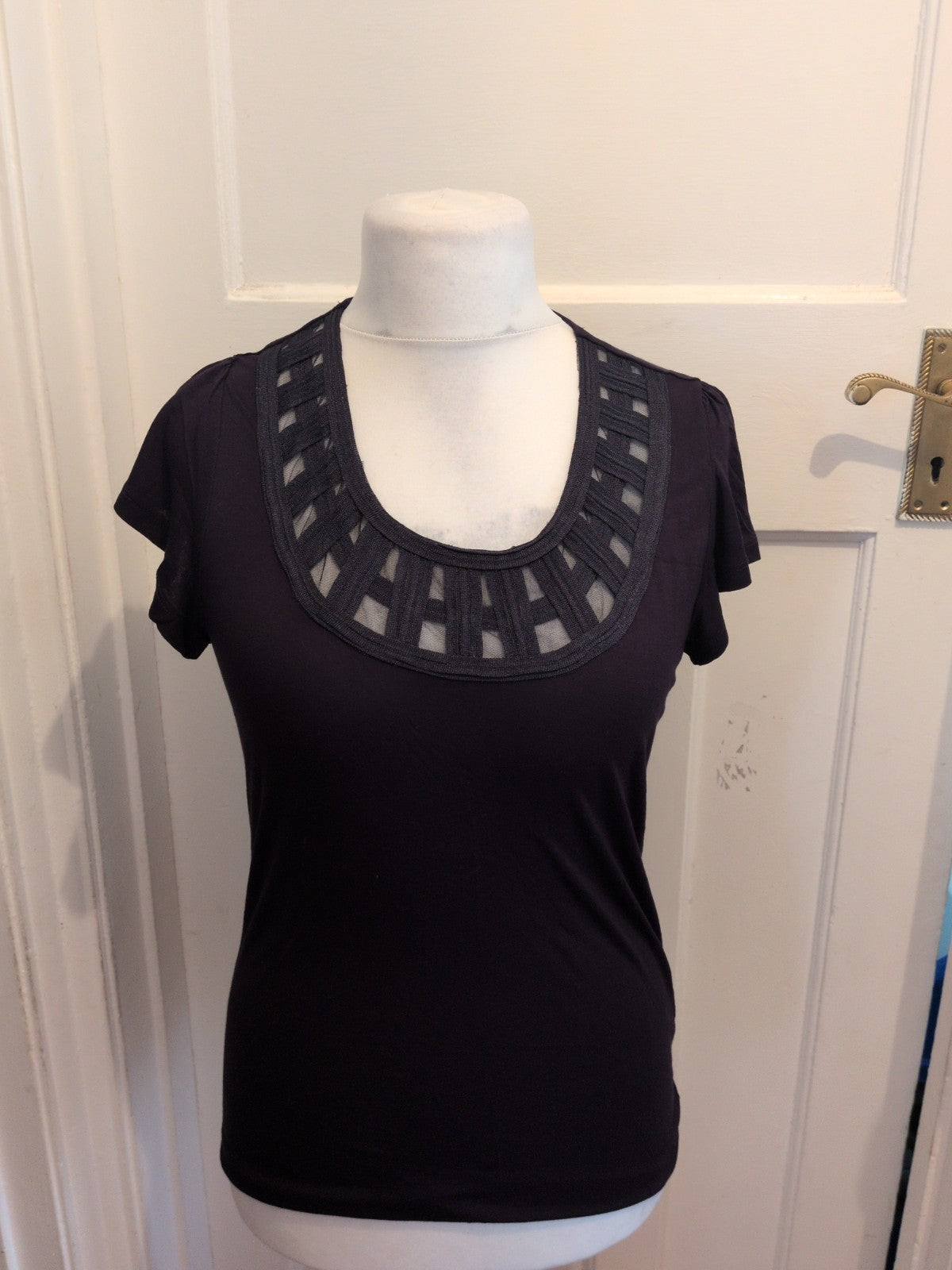 Per Una 14 Black Round Neck Short Sleeve Blouse