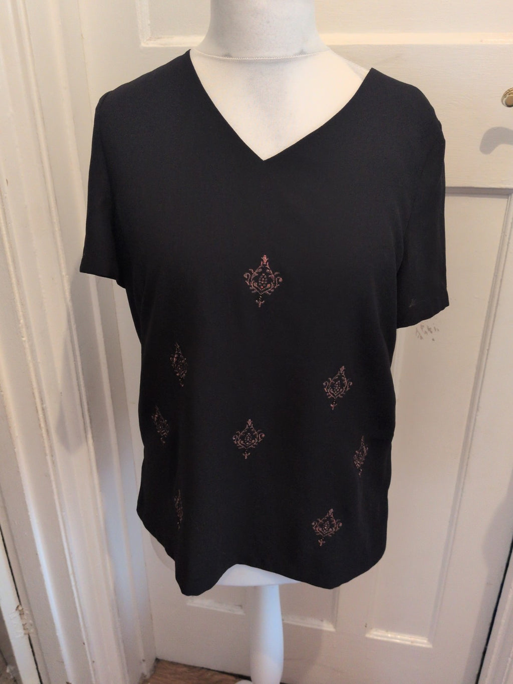 Jacques Vert 14 Black And Brown Short Sleeve Lined Blouse