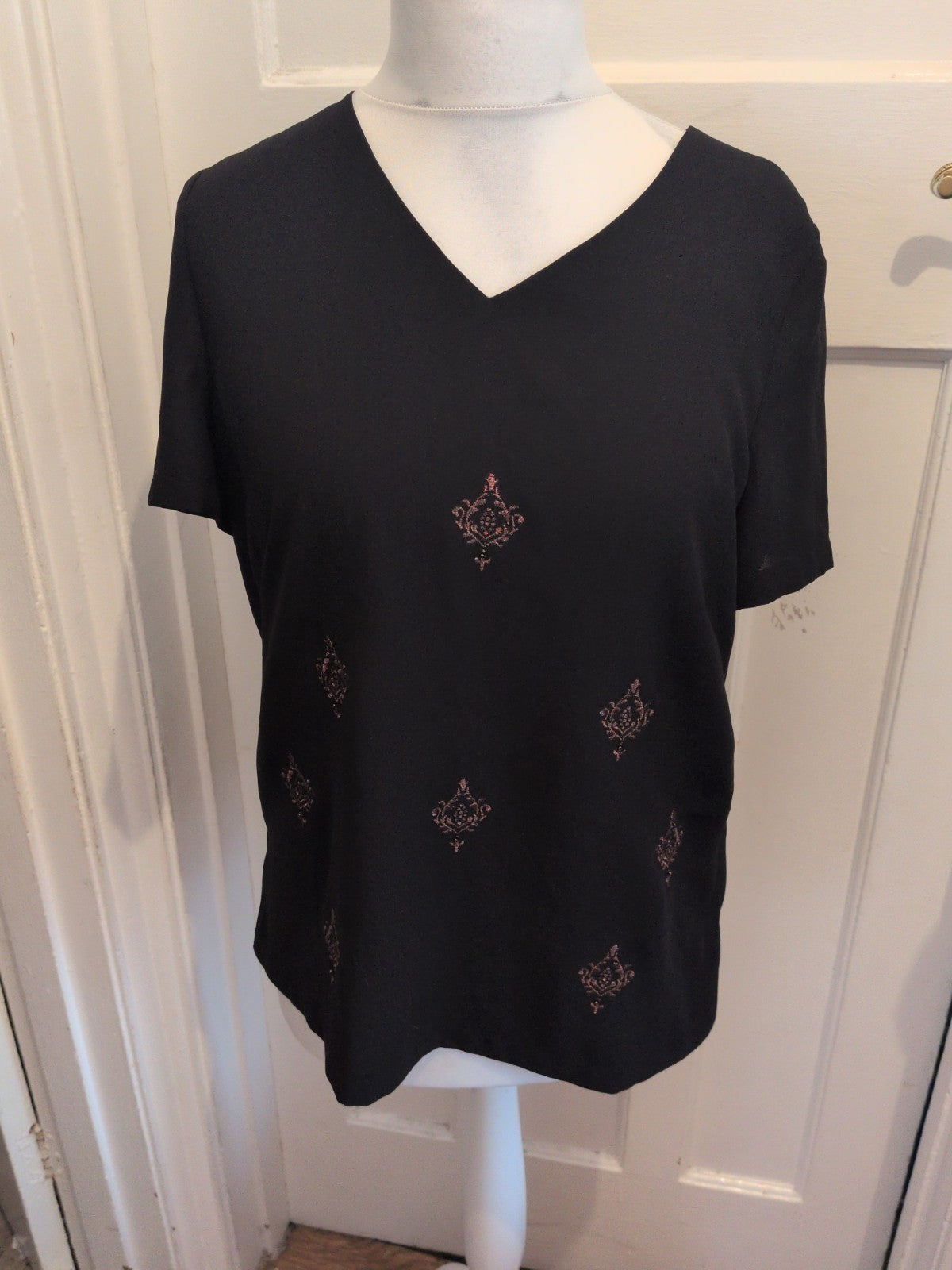 Jacques Vert 14 Black And Brown Short Sleeve Lined Blouse