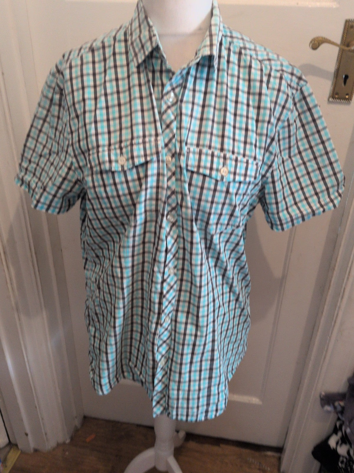 H&M XL Blue Check Short Sleeve Shirt