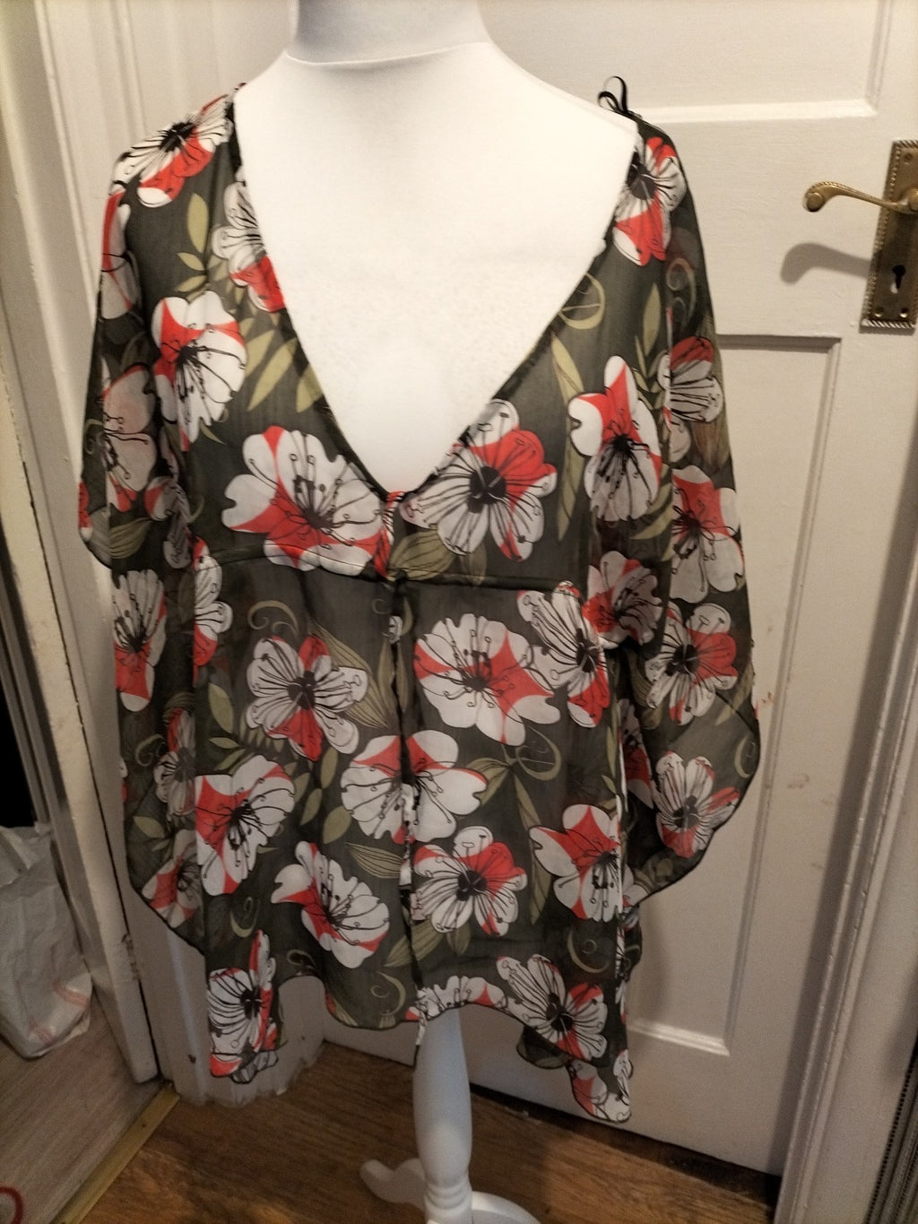 Ladies Debenhams Size XL Green And Pink Floral Semi See Through Blouse