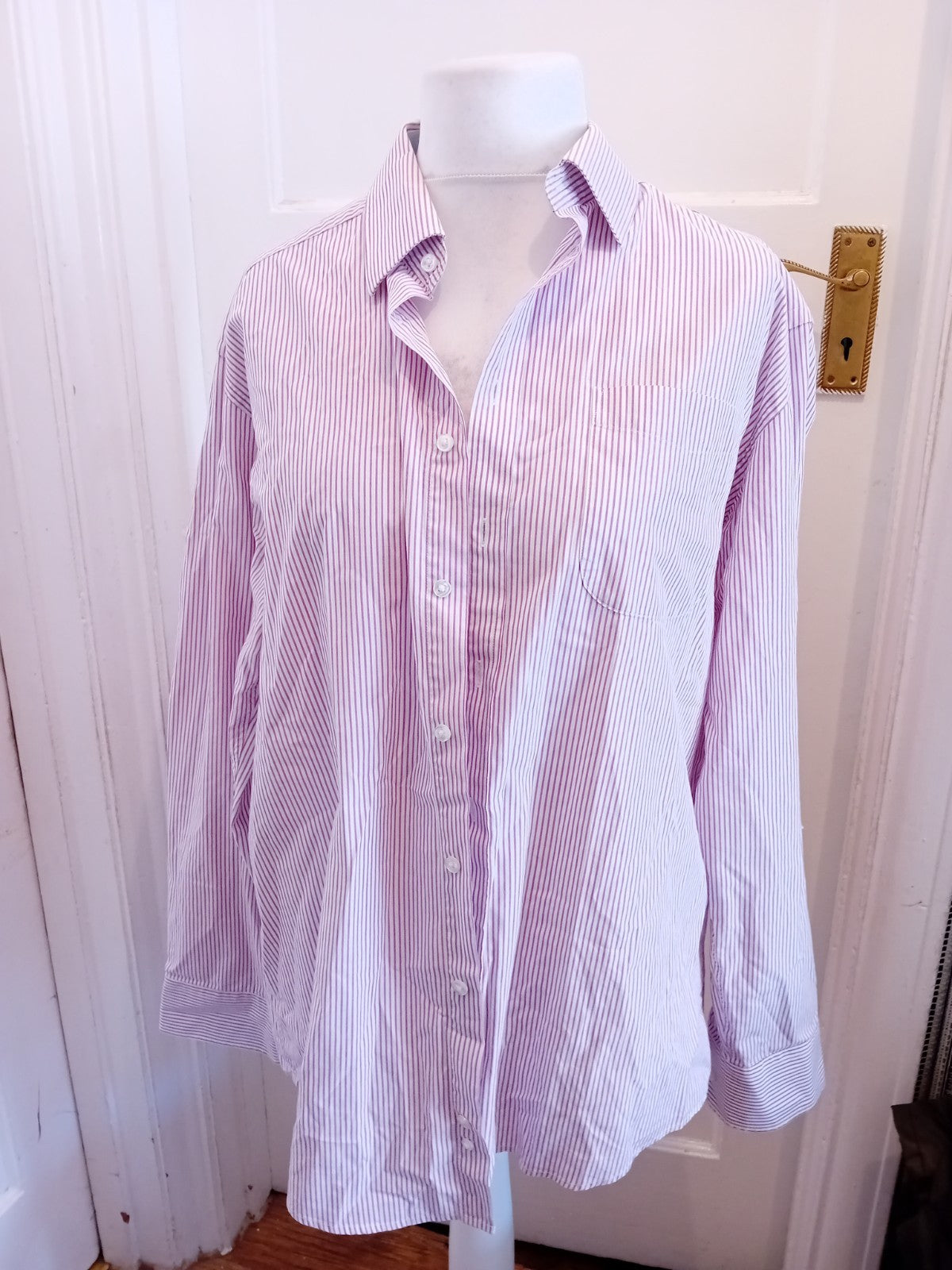Marks And Spencer 16.5 Purple Stripe Long Sleeve Quick Iron Shirt