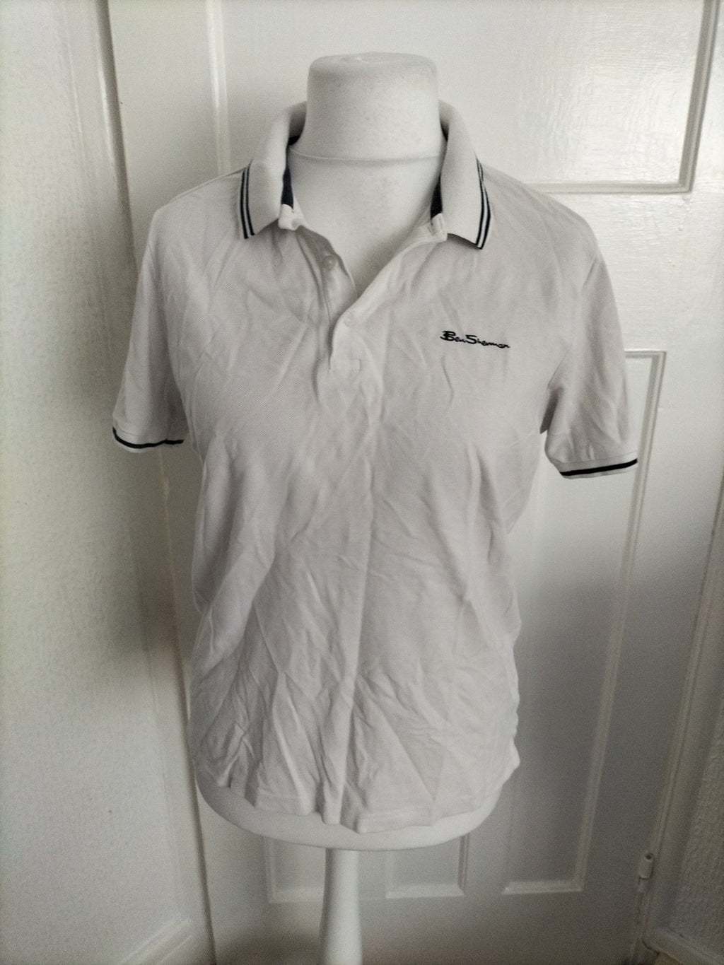 Mens Ben Sherman Size M White With Navy Trim Short Sleeved Polo