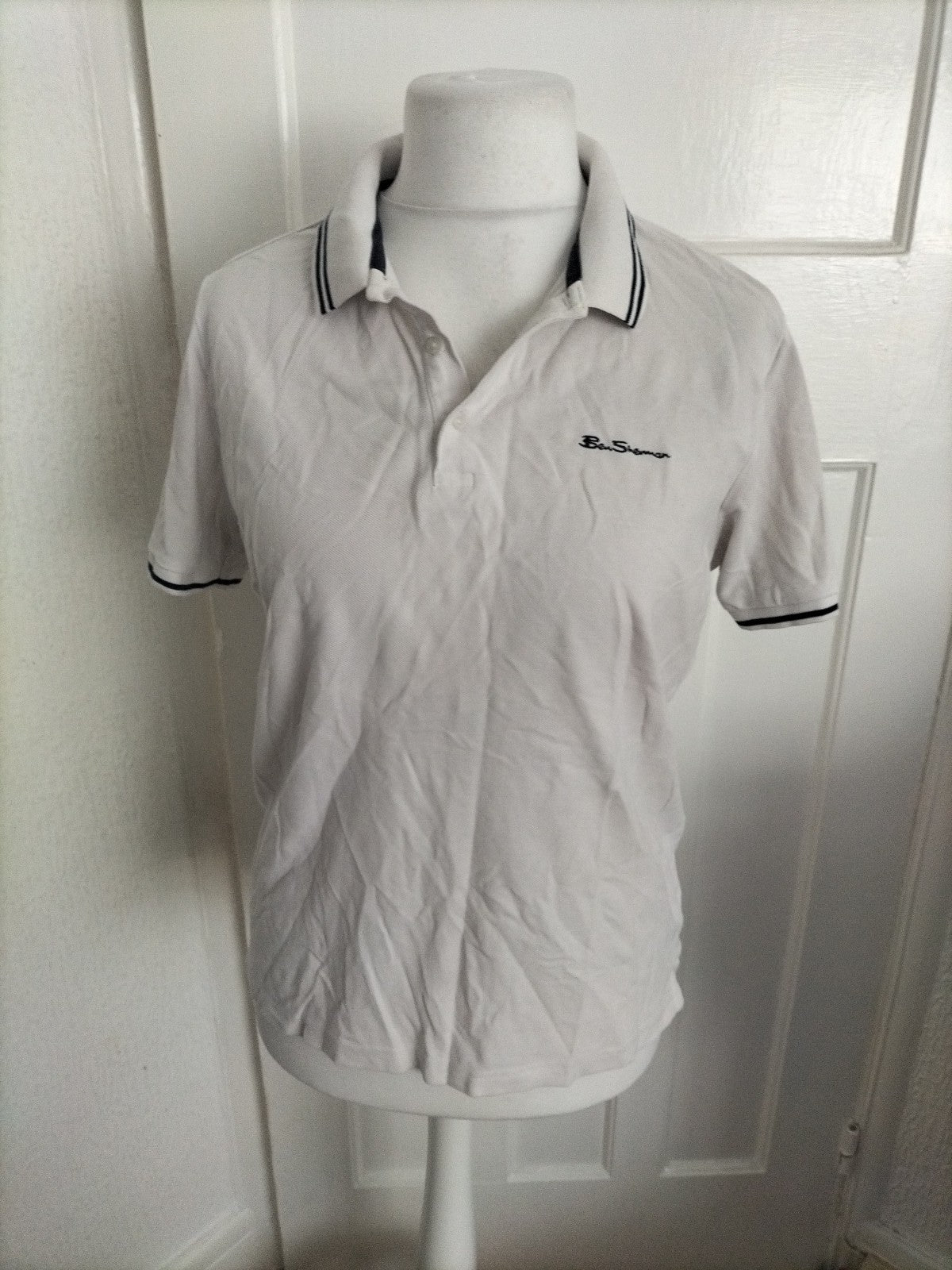 Mens Ben Sherman Size M White With Navy Trim Short Sleeved Polo