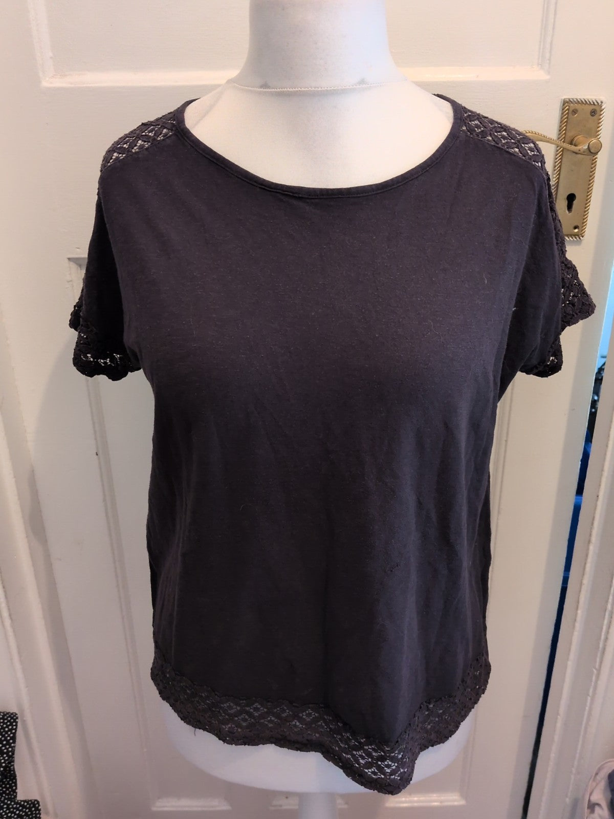 M&S Collection Large Black(Fading) Lace Trim Short Sleeve Blouse