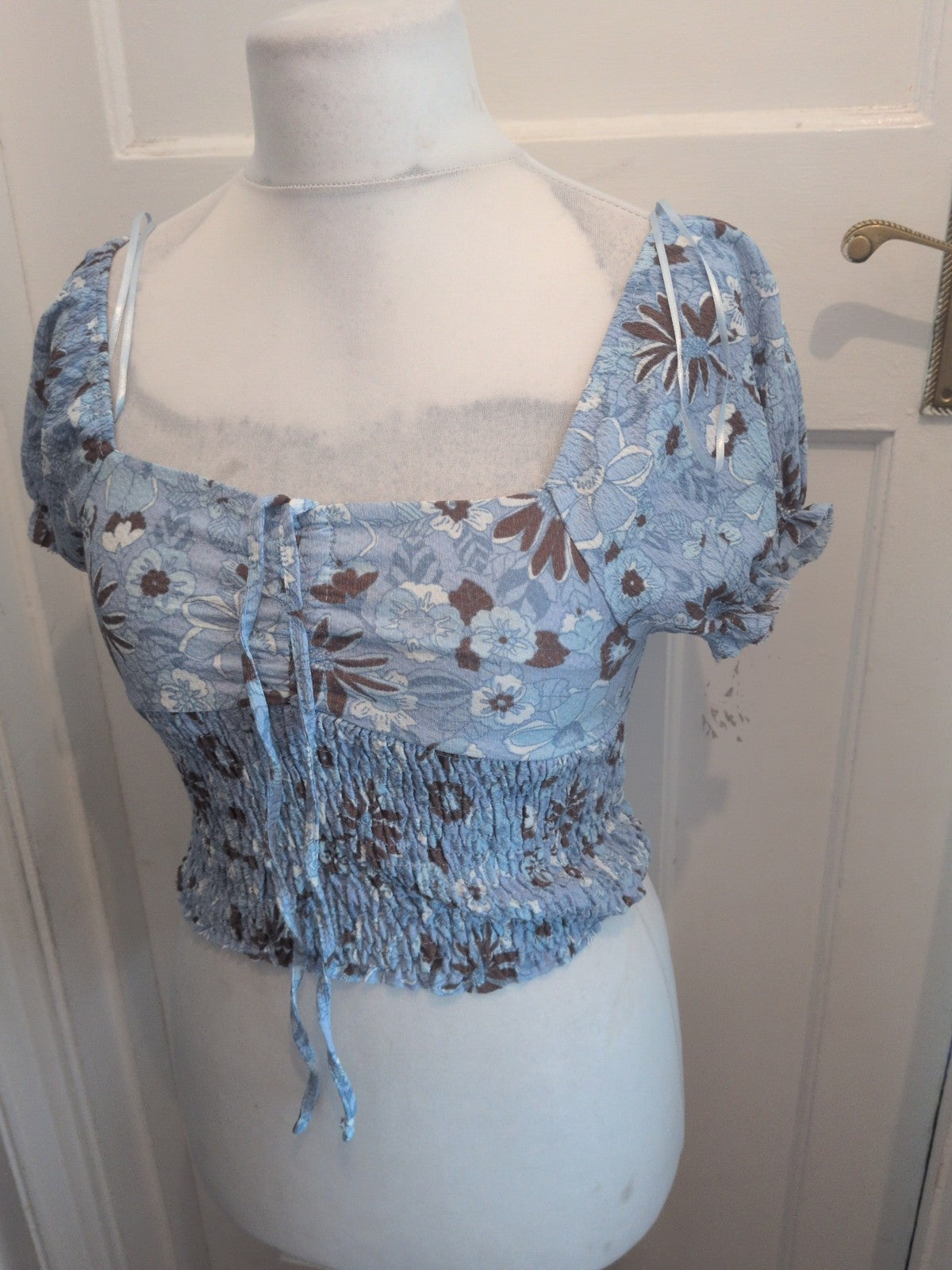 Primark 12-14 Blue And Brown Short Sleeve Crop Top