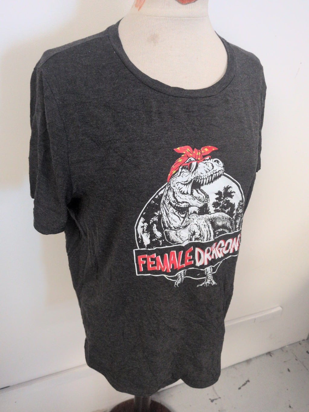 Ladies Size XL Grey Short Sleeve Female Dragon Print T-shirt