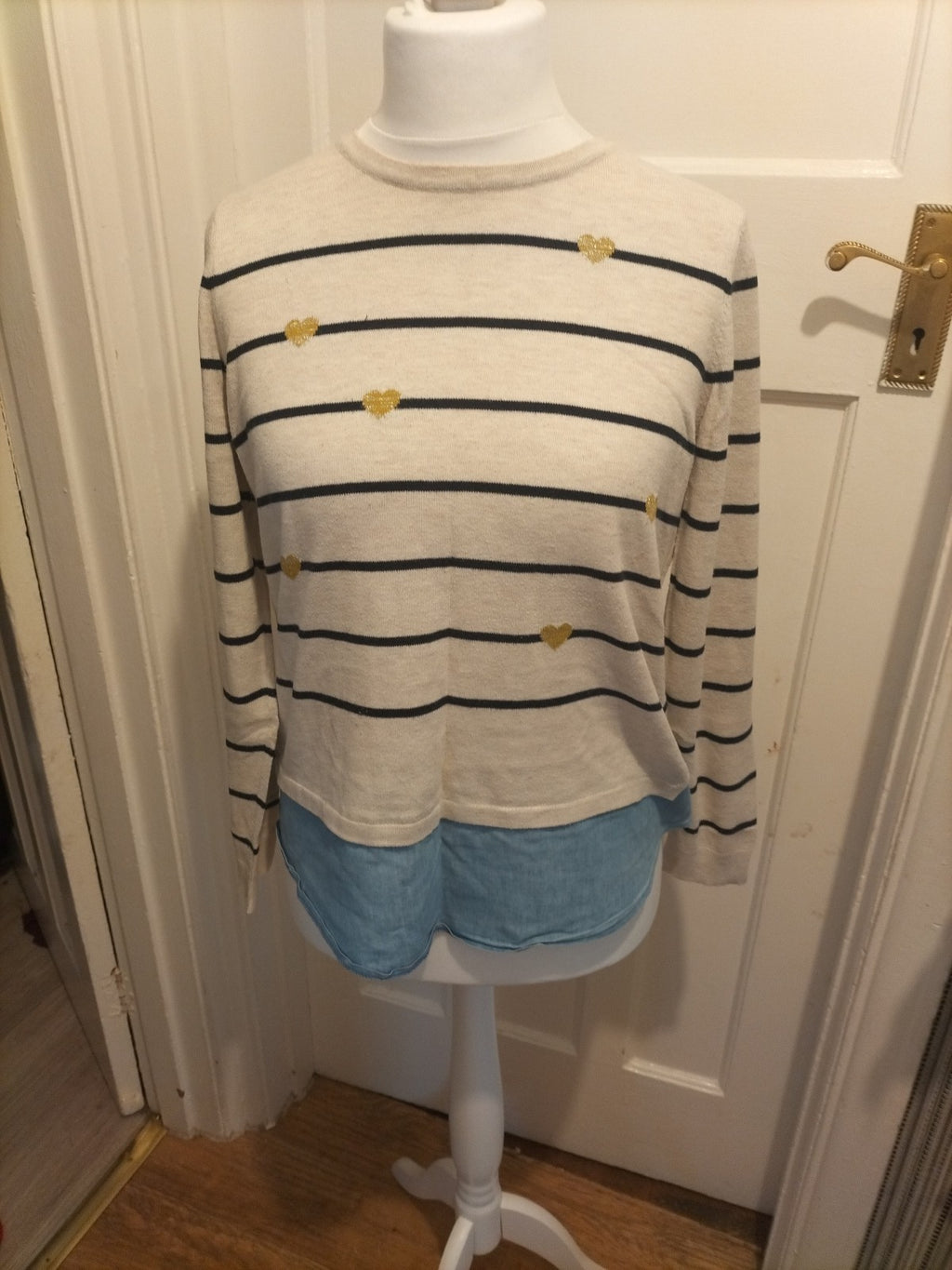 Ladies George Size 10 Black Striped With Blue Hem Long Sleeved Pullover Jumper