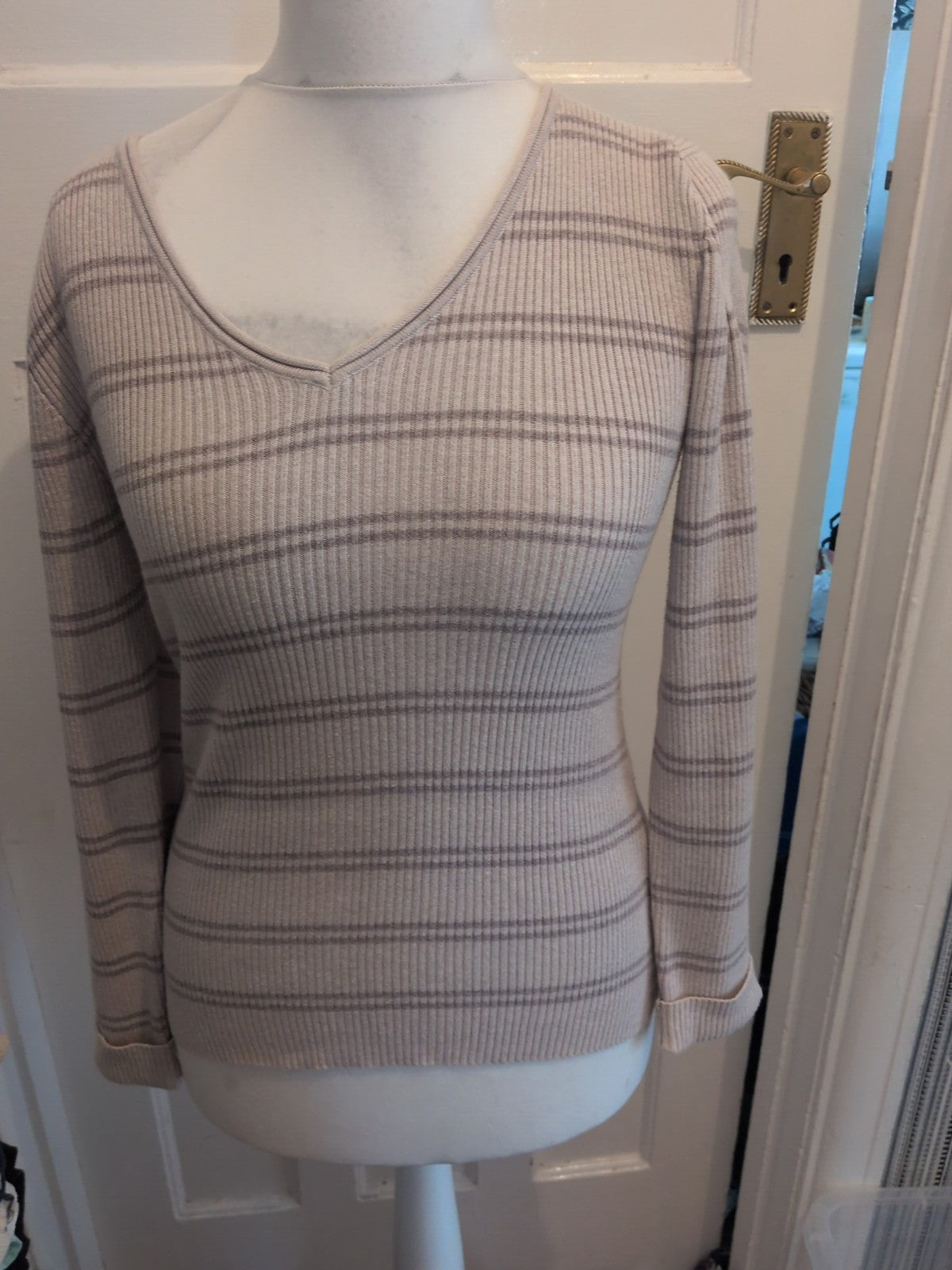 BHS 12 Neutral Stripe Jumper V Neck