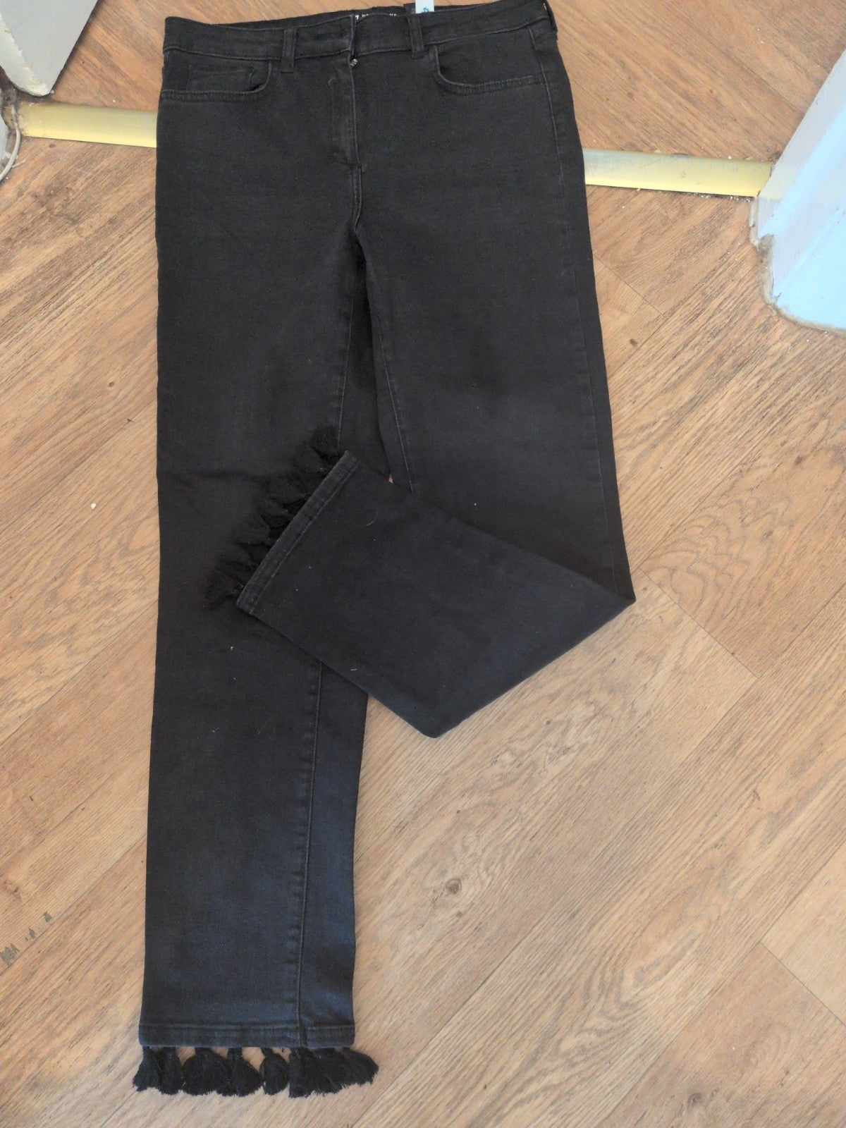 Ladies Next Size 12 Long Straight Tassled Hem Black Jeans