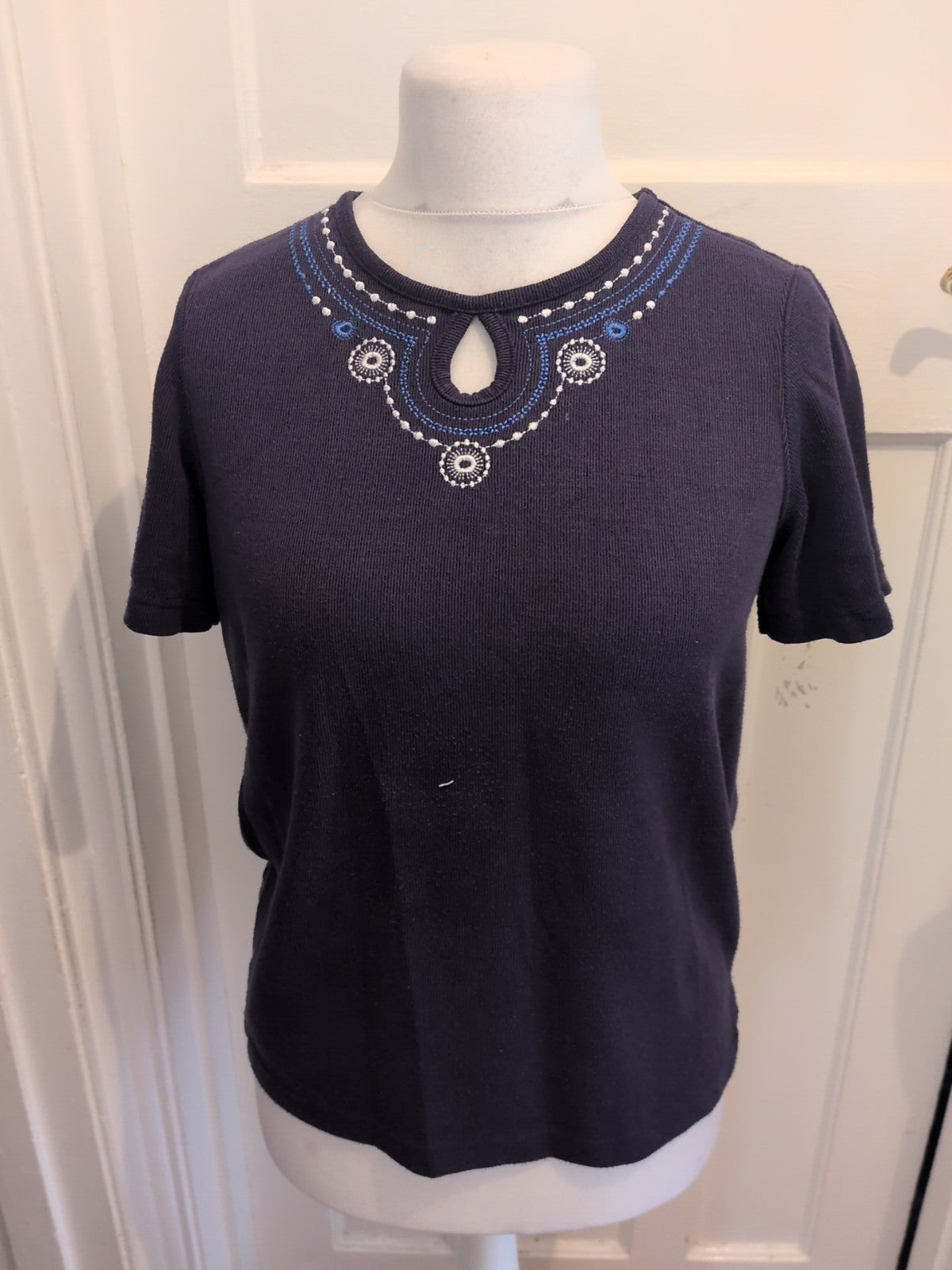 BM Small Navy Embroidered Neck Short Sleeve Blouse
