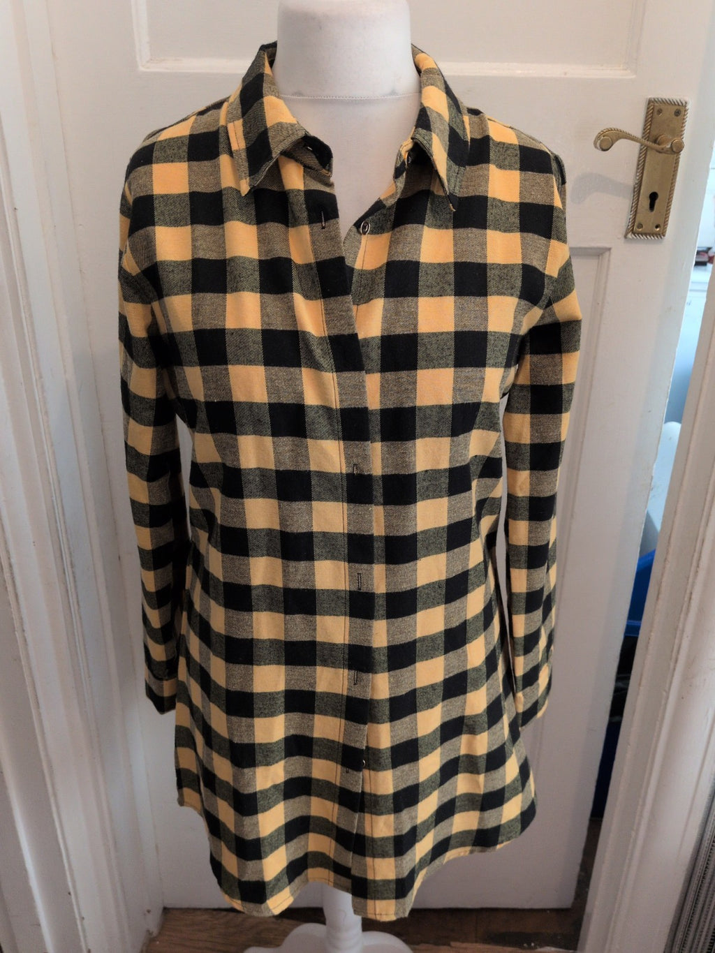 Large Yellow Check Long Sleeve Buttoned Shirt Dress