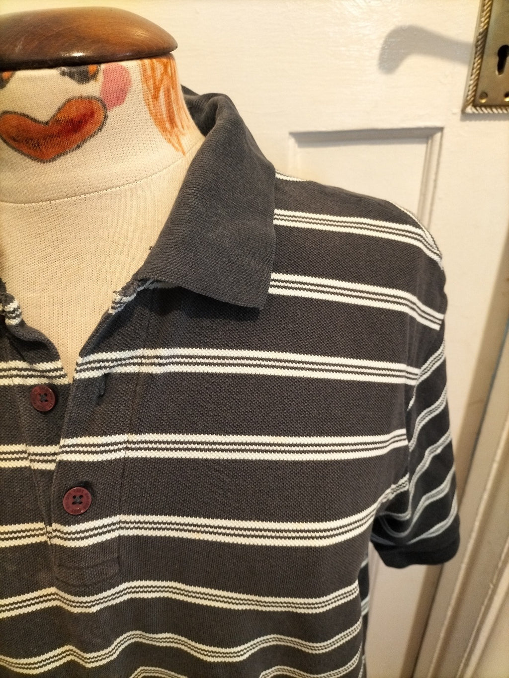Mens Easy Size Medium Navy/White Striped Polo(neck Marked)