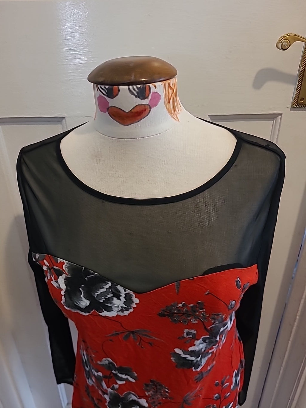 Ladies M+Co size 14 black mesh with red floral long sleeved blouse