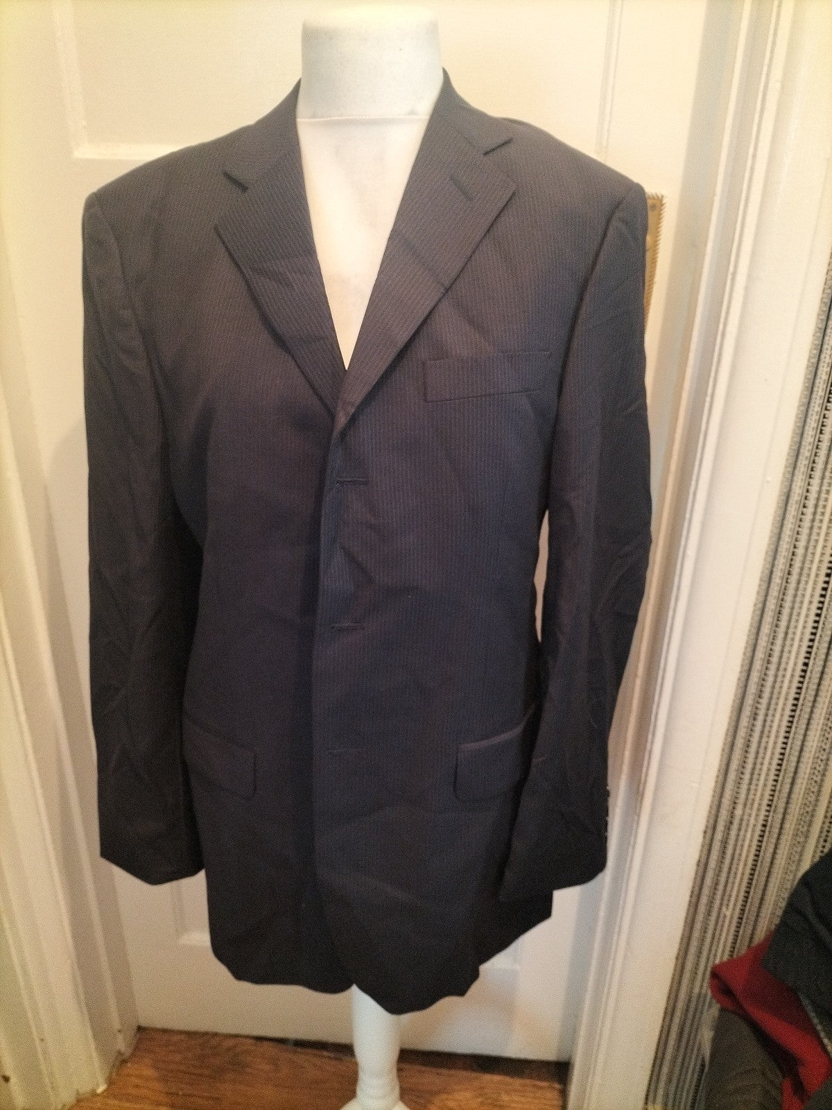 Mens Marks And Spencer Italian Size 40L Navy Stripe Suit Jacket