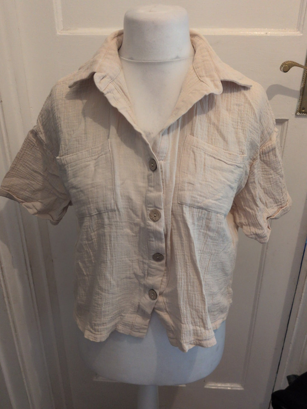 Ladies Shein Large Beige Short Sleeve Blouse Collared