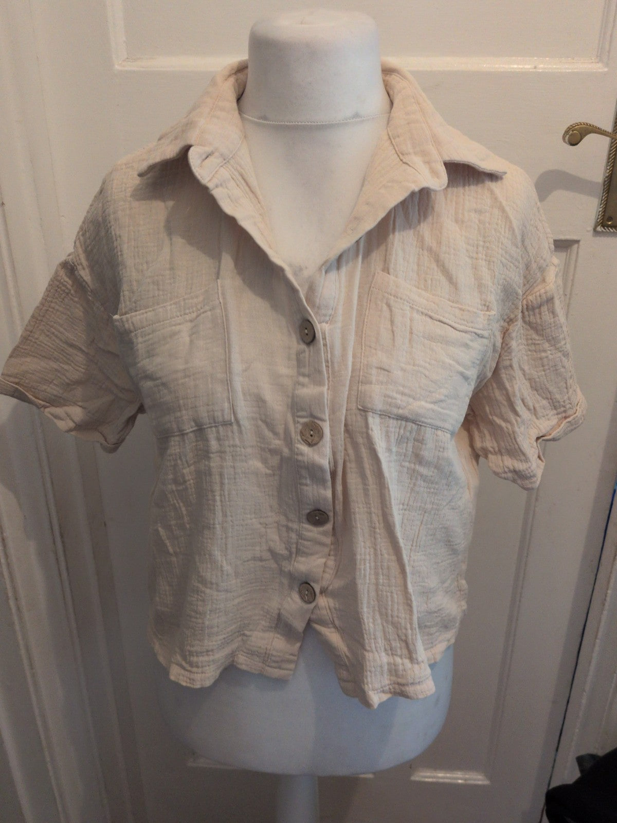 Ladies Shein Large Beige Short Sleeve Blouse Collared