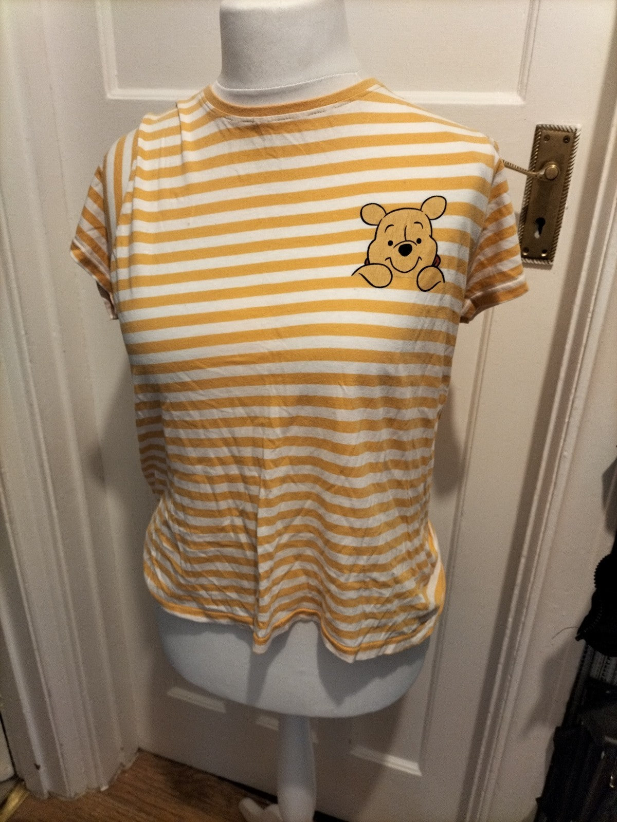 Ladies Primark Disney 12-14 Yello Striped Winnie The Pooh Pyjama Top