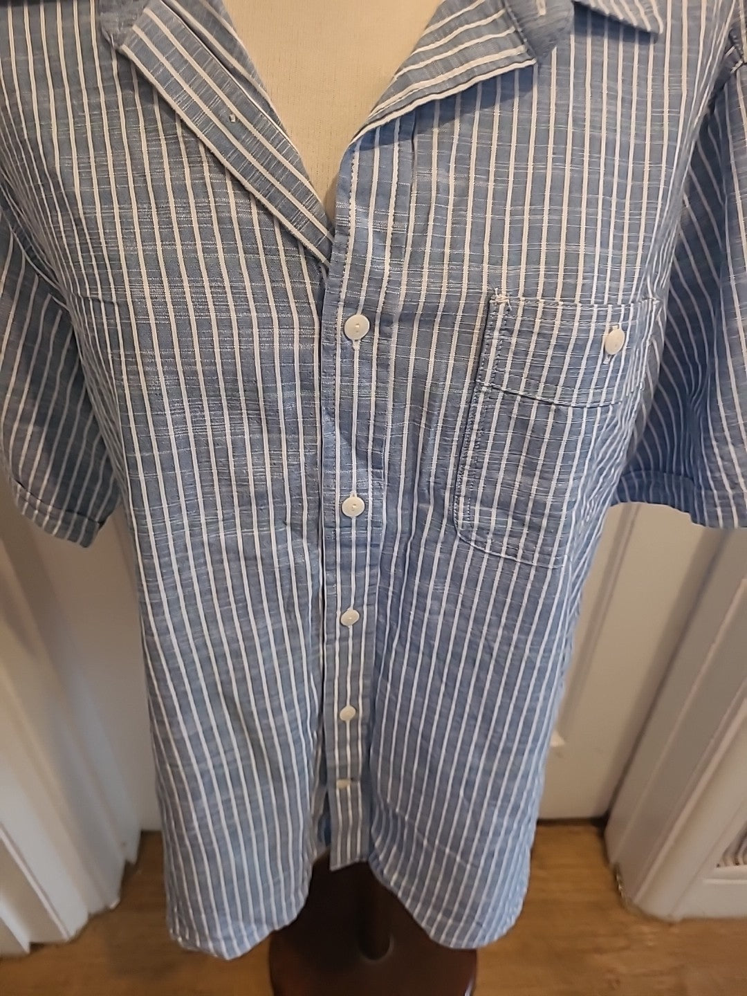 Mens Marks And Spencer Size Large Blue White Striped Cotton Slub Short...