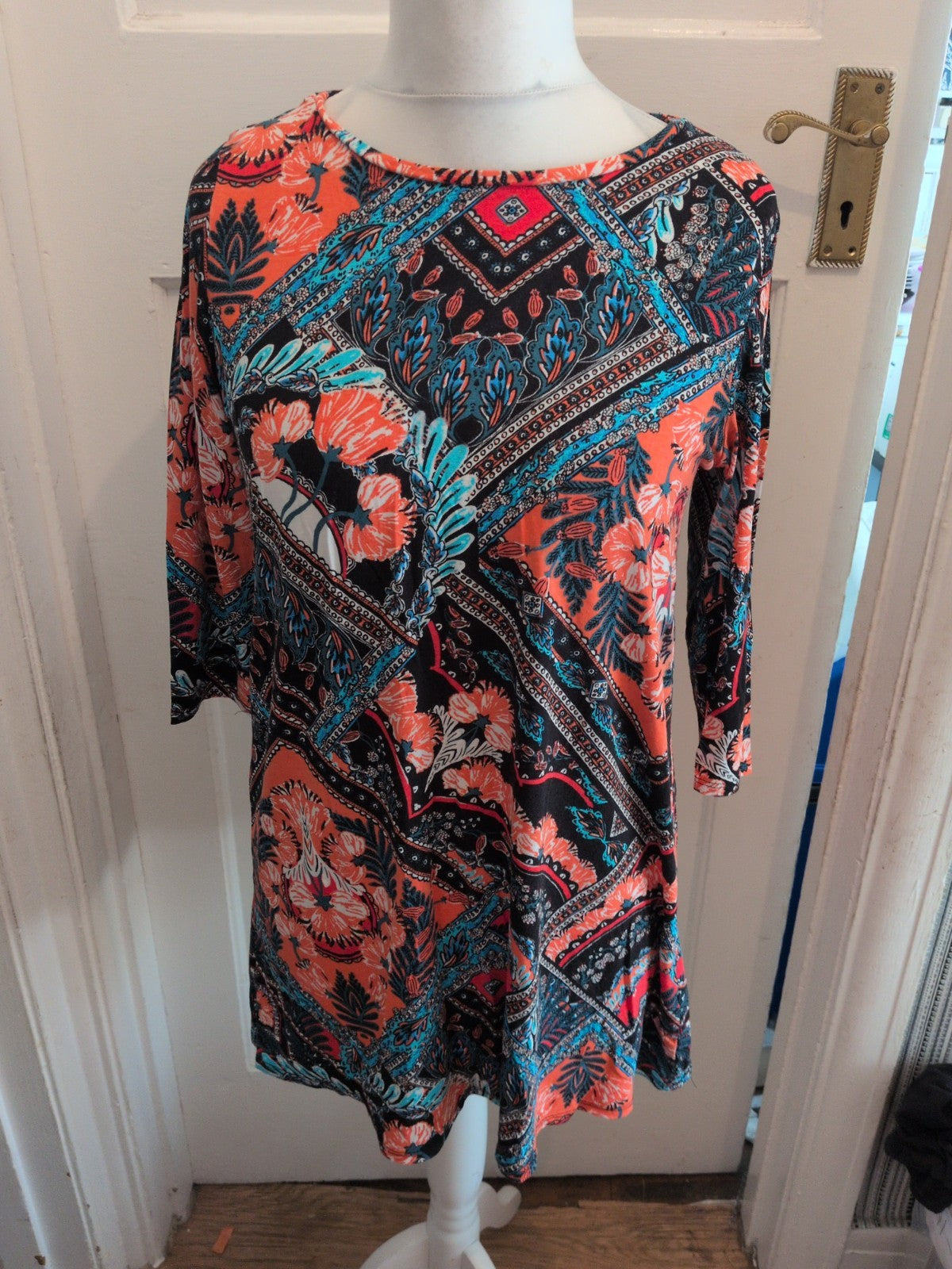 George 14 Black Orange Teal Pink Half Sleeve Dress