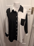 XL Half And Half Black And White Buttoned Collared Blouse Long Sleeve