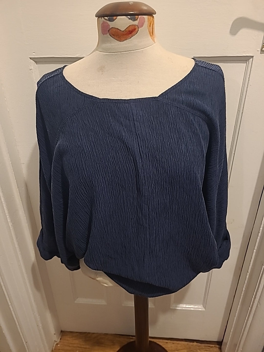 Ladies Next Size 12 Navy Textured Round Neck Mid Sleeved Blouse