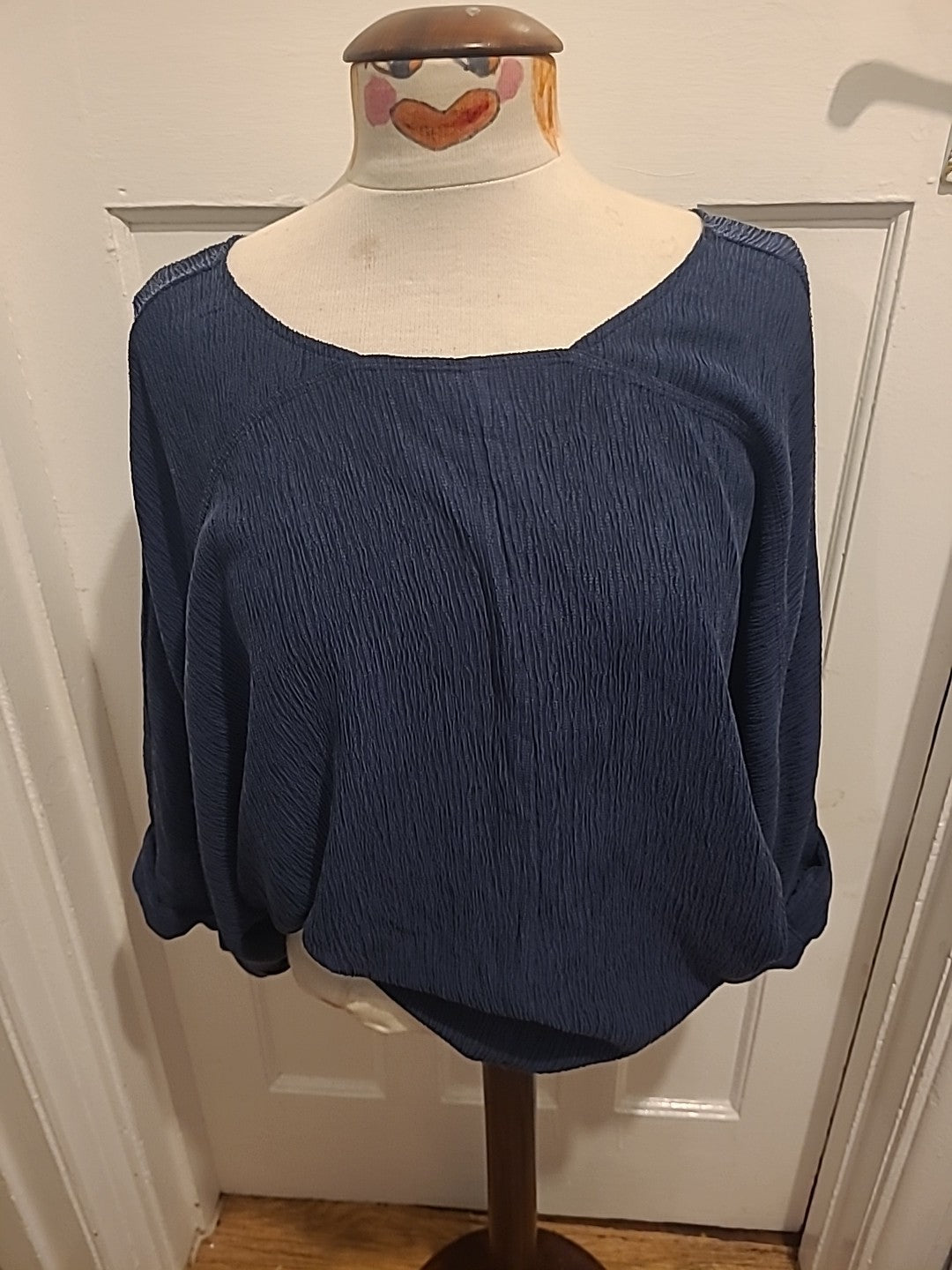 Ladies Next Size 12 Navy Textured Round Neck Mid Sleeved Blouse