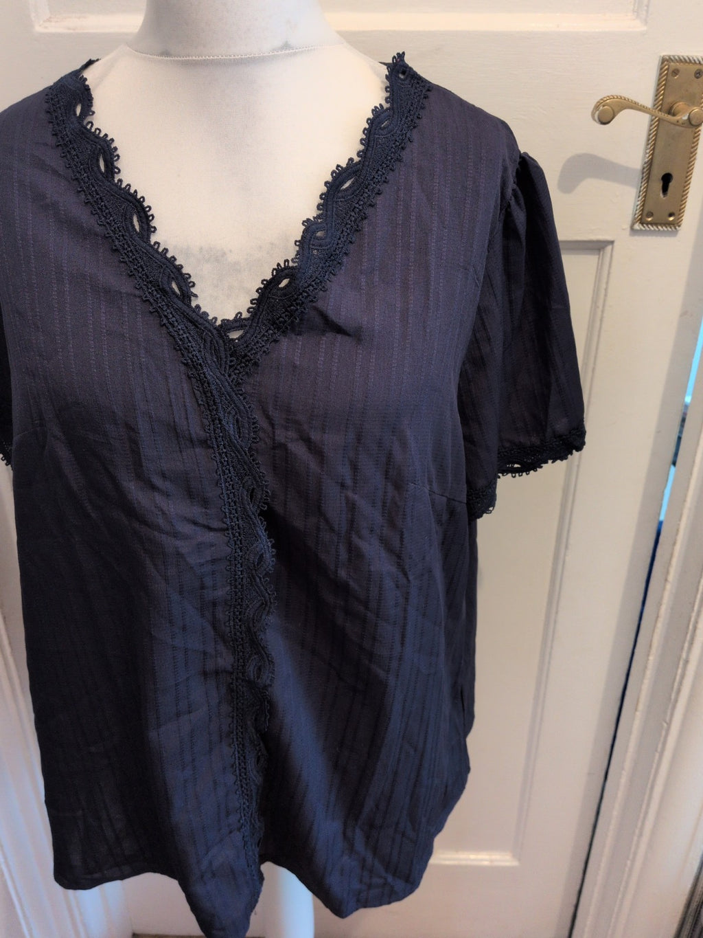 Shein Curve 2XL Navy Short Sleeve Buttoned Blouse