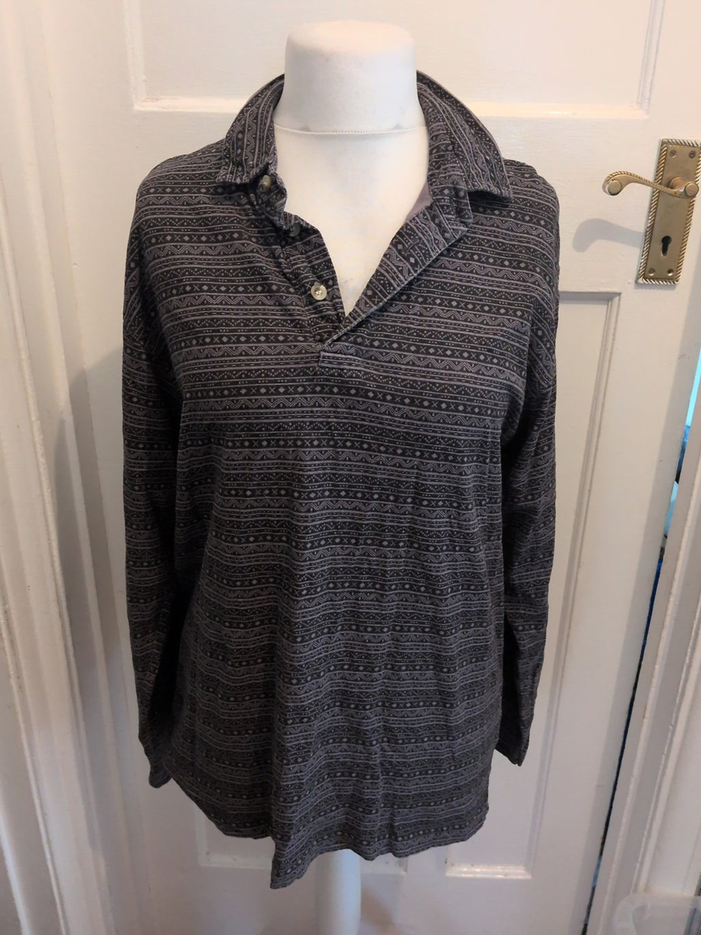 Casual Club Small Grey And Black Pattern Long Sleeve Polo