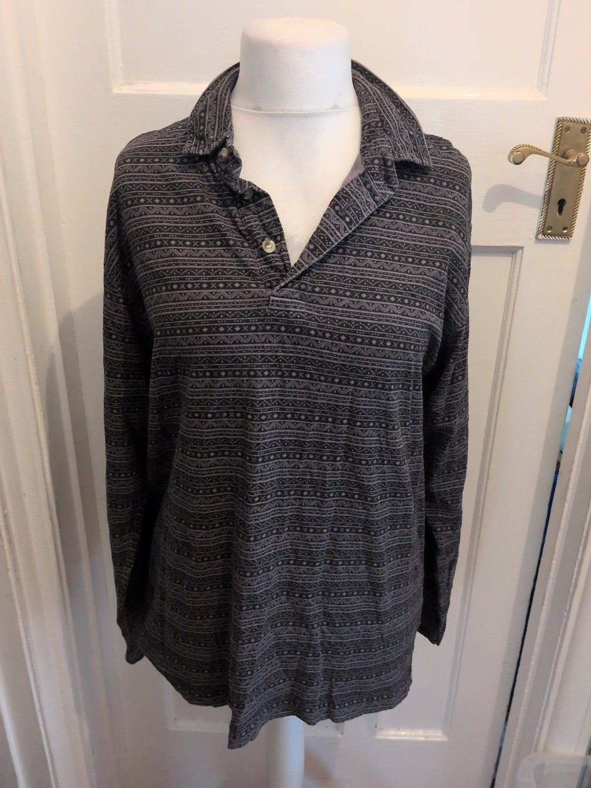 Casual Club Small Grey And Black Pattern Long Sleeve Polo