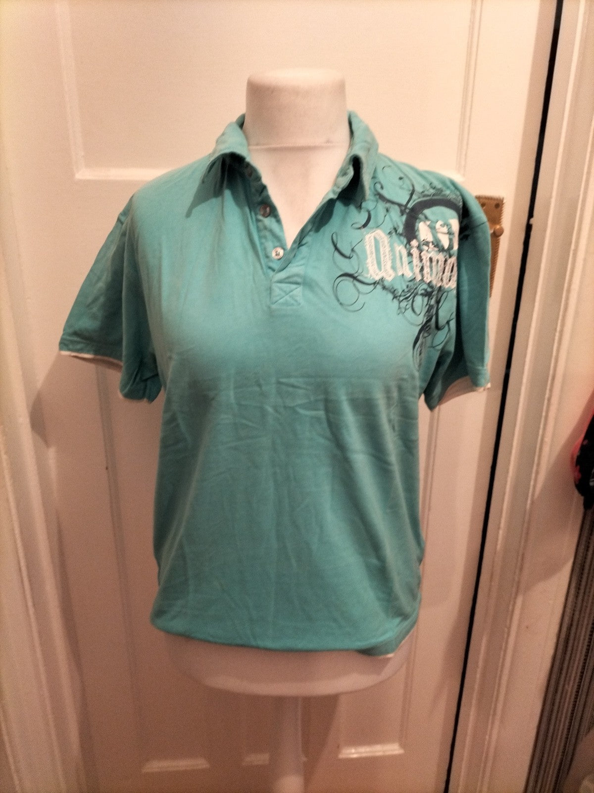 Mens Animal Size M Turquoise Printed Short Sleeved Polo