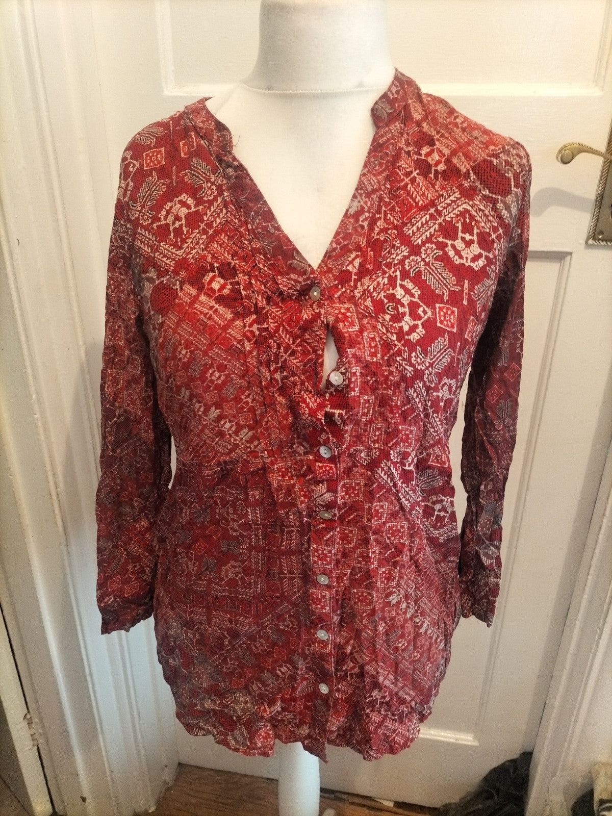 Bonmarche 14 Red And Beige Patterned Long Sleeve Blouse