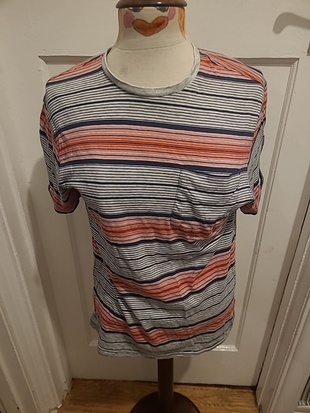Mens Marks And Spencer Size Small Grey/Red Striped Short Sleeved Tshirt